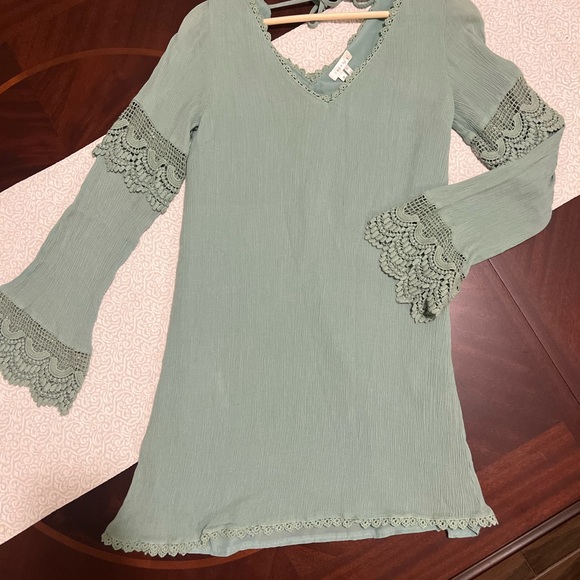Boho Crochet Bell Sleeve Sage Green Dress Cottagcore Coquett Whimsical Earthy - Picture 2 of 12